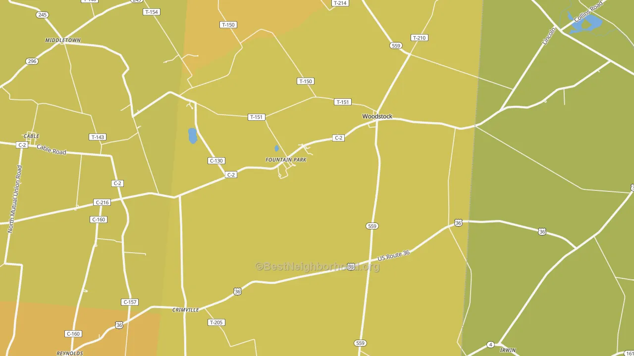 Map of the best neighborhoods in the 43084 area, with better matches in green and worse matches in red
