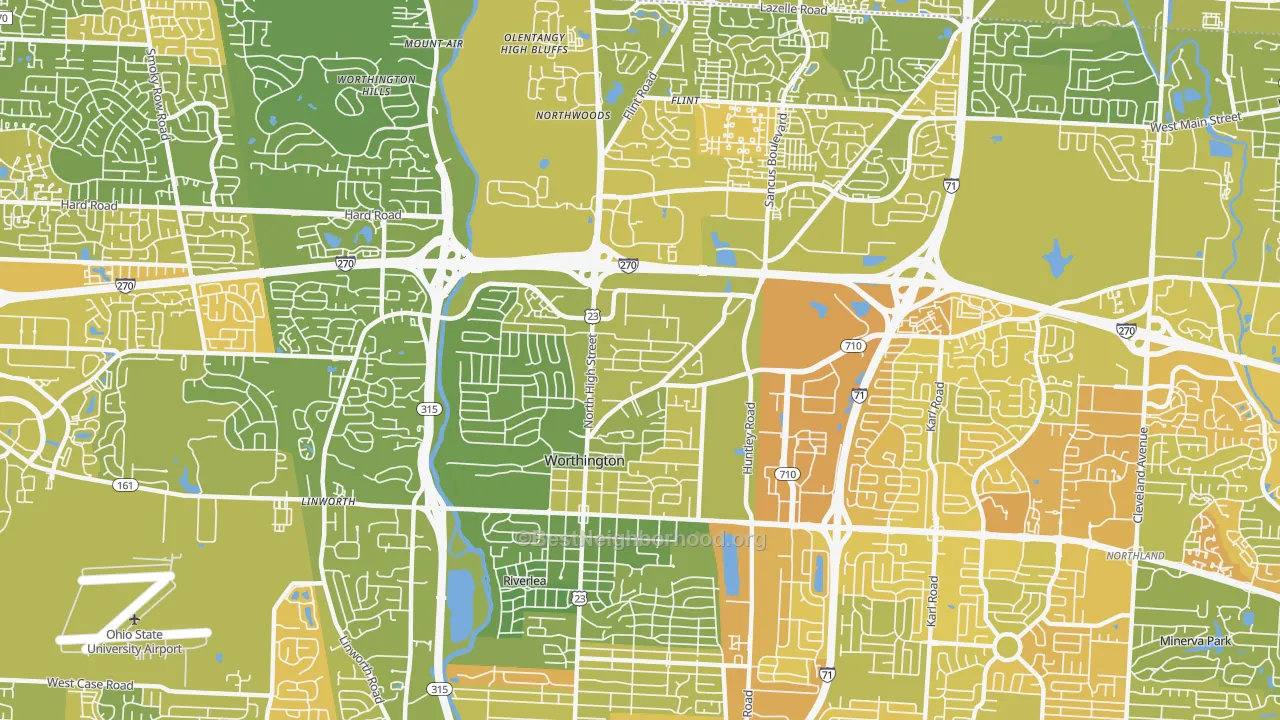 Map of the best neighborhoods in the 43085 area, with better matches in green and worse matches in red