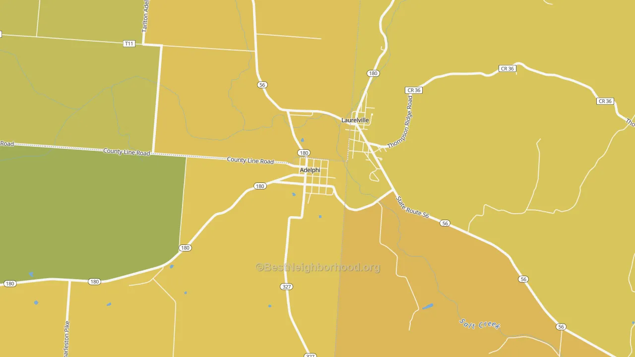 Map of the best neighborhoods in the 43101 area, with better matches in green and worse matches in red