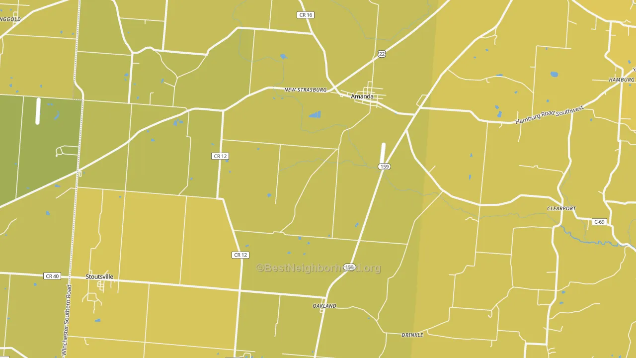 Map of the best neighborhoods in the 43102 area, with better matches in green and worse matches in red