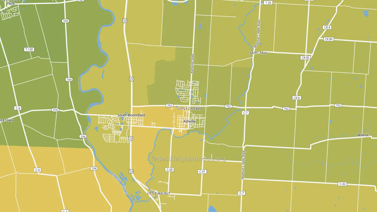 Map of the best neighborhoods in the 43103 area, with better matches in green and worse matches in red