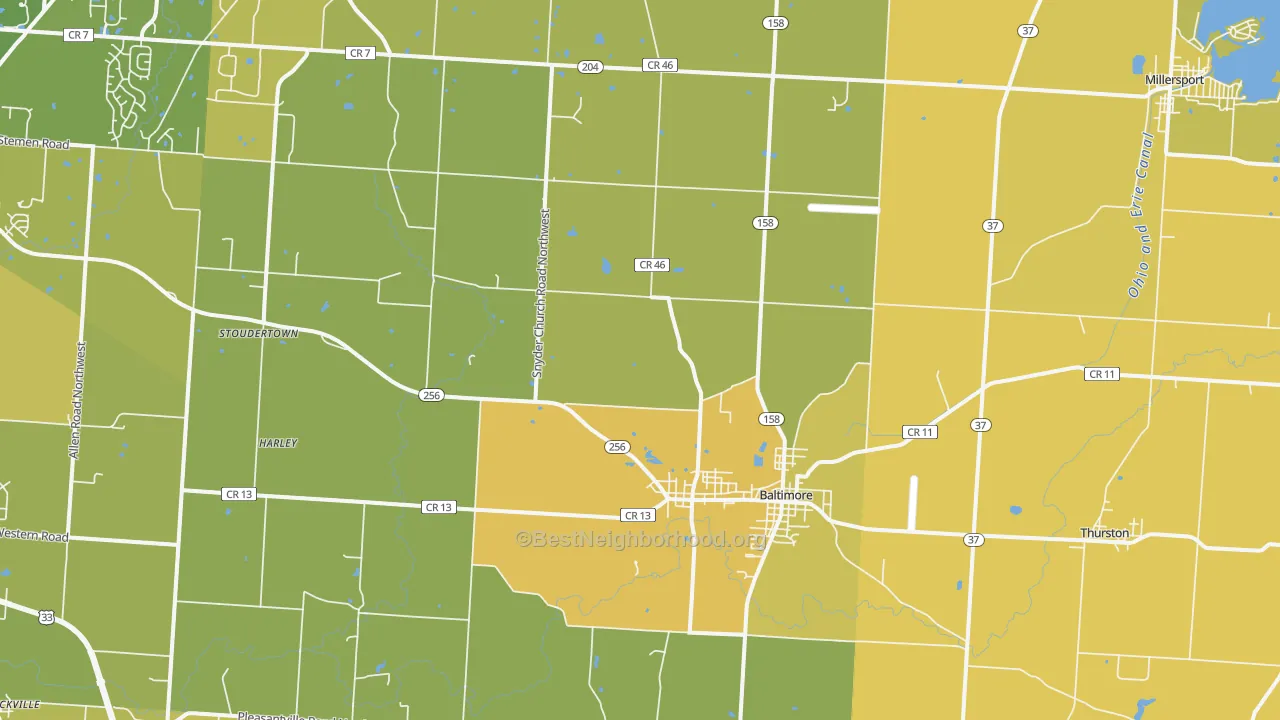 Map of the best neighborhoods in the 43105 area, with better matches in green and worse matches in red