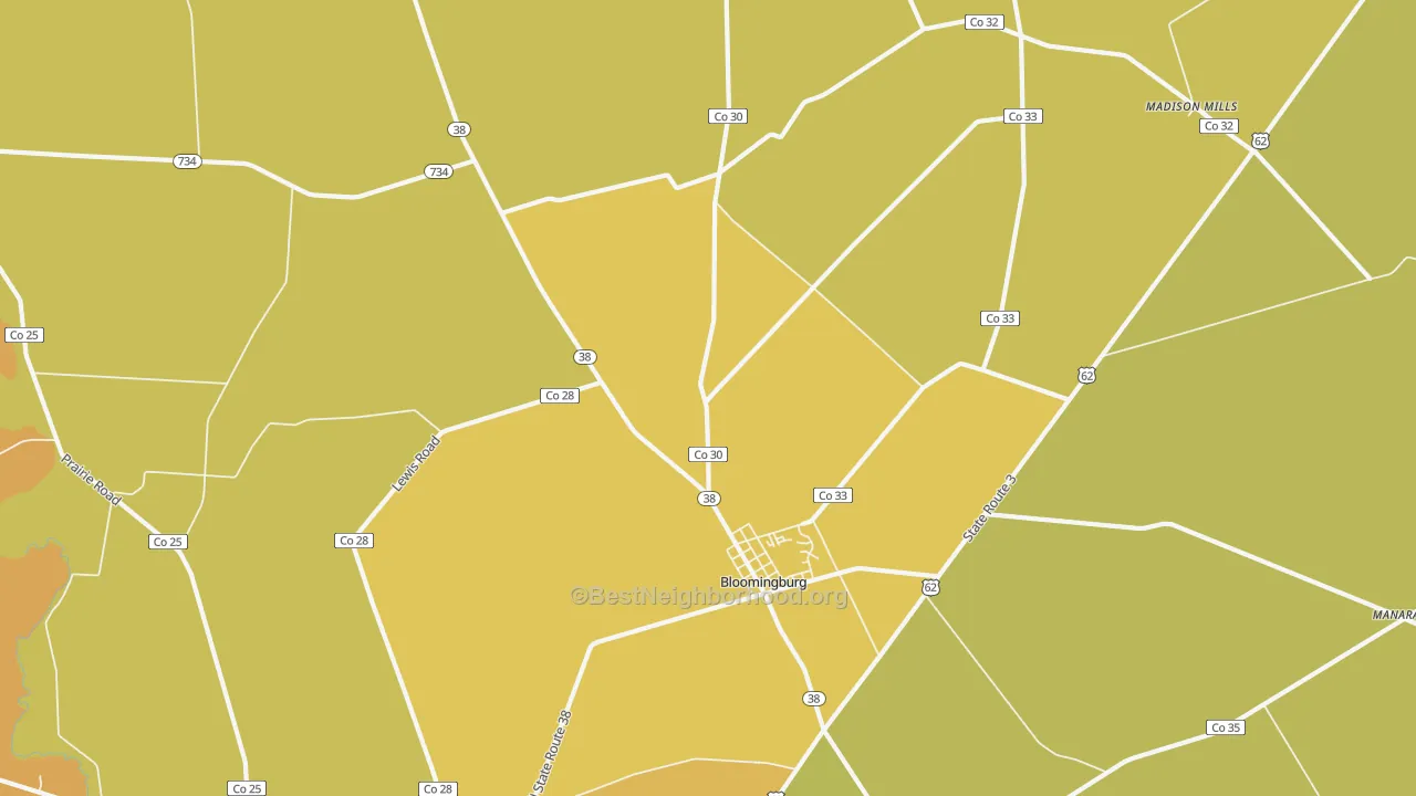Map of the best neighborhoods in the 43106 area, with better matches in green and worse matches in red