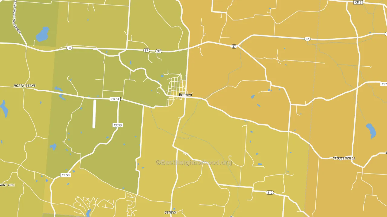 Map of the best neighborhoods in the 43107 area, with better matches in green and worse matches in red