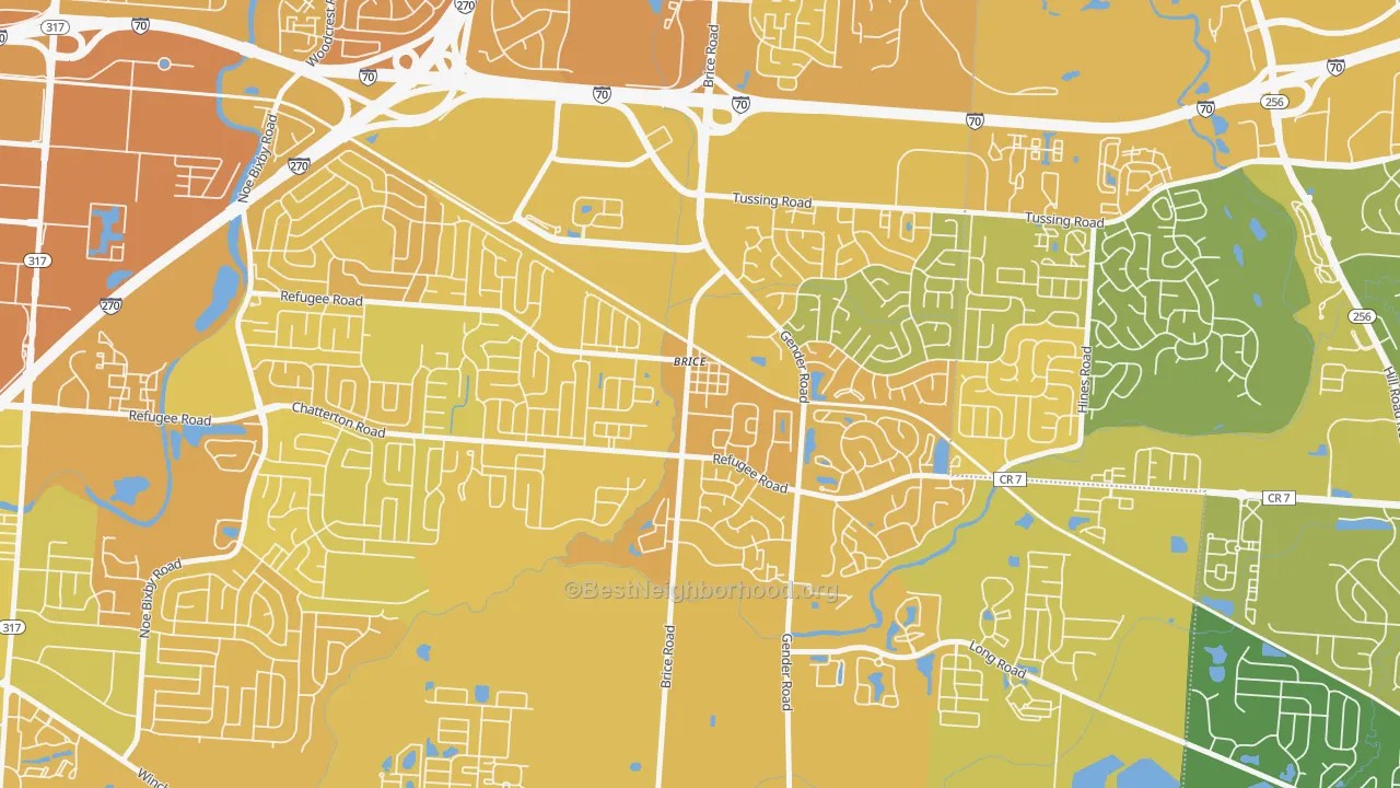 Map of the best neighborhoods in the 43109 area, with better matches in green and worse matches in red