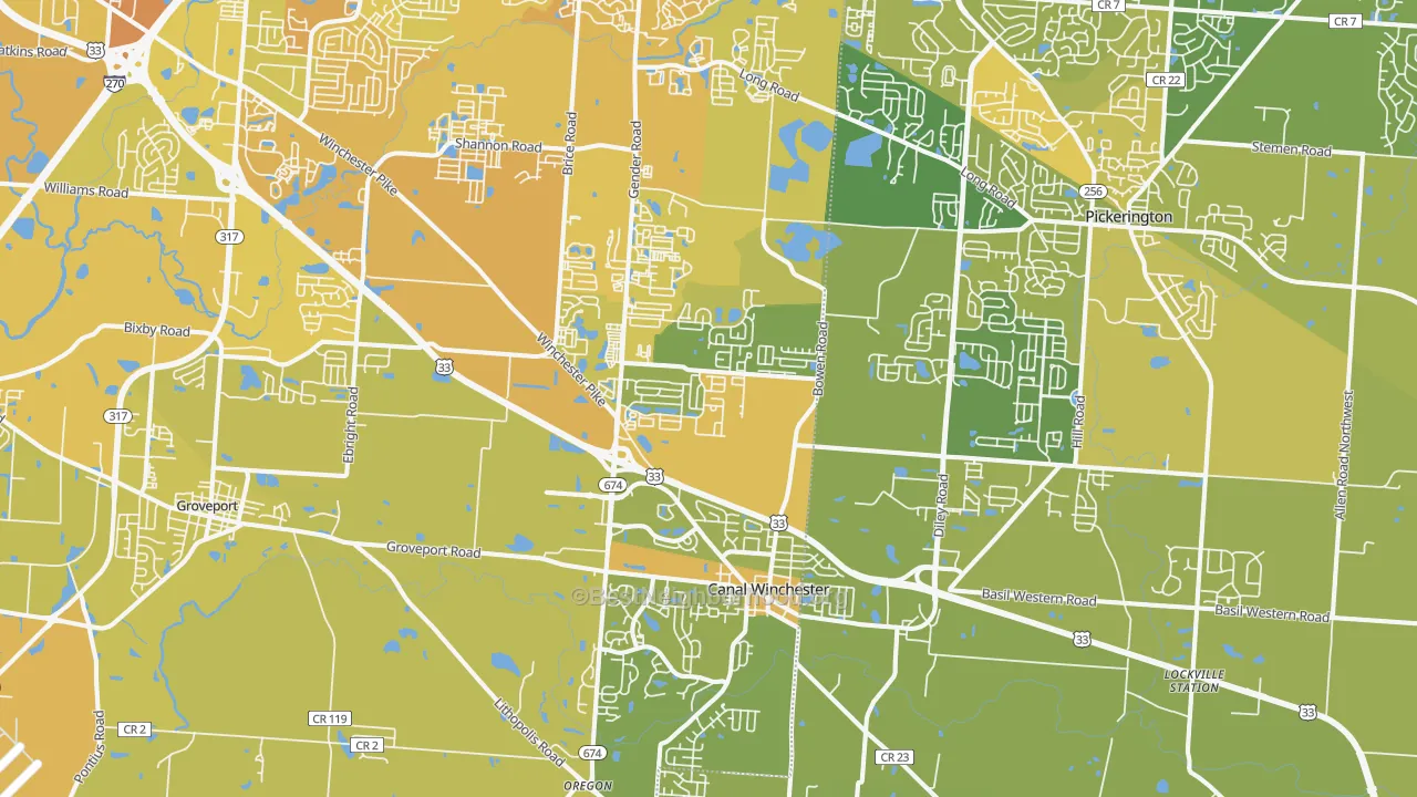Map of the best neighborhoods in the 43110 area, with better matches in green and worse matches in red