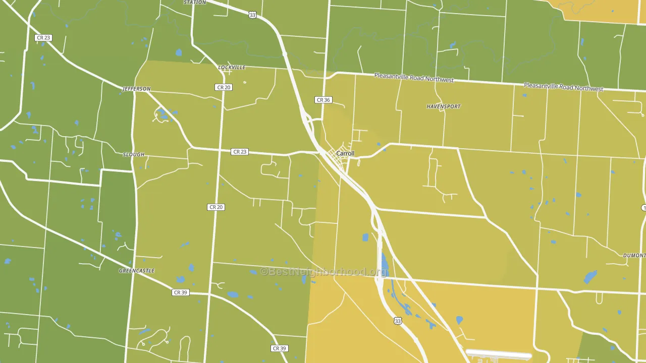 Map of the best neighborhoods in the 43112 area, with better matches in green and worse matches in red
