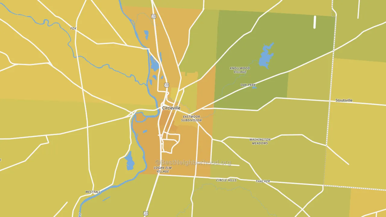Map of the best neighborhoods in the 43113 area, with better matches in green and worse matches in red