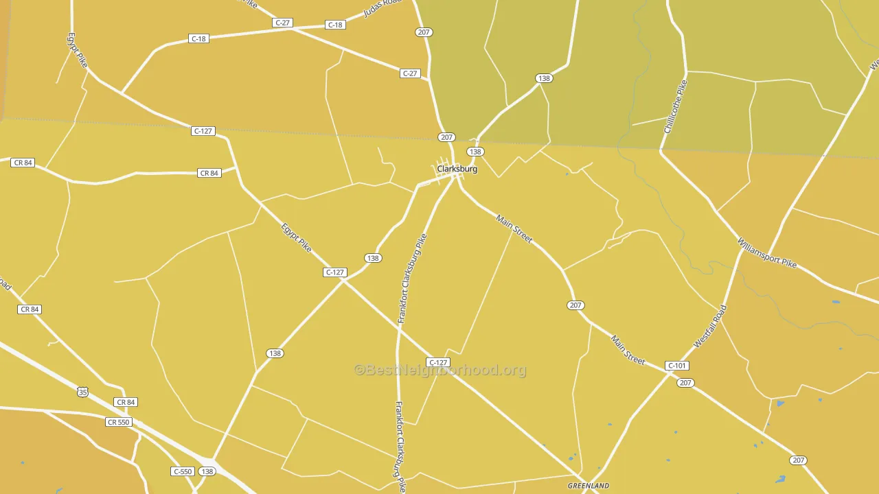Map of the best neighborhoods in the 43115 area, with better matches in green and worse matches in red