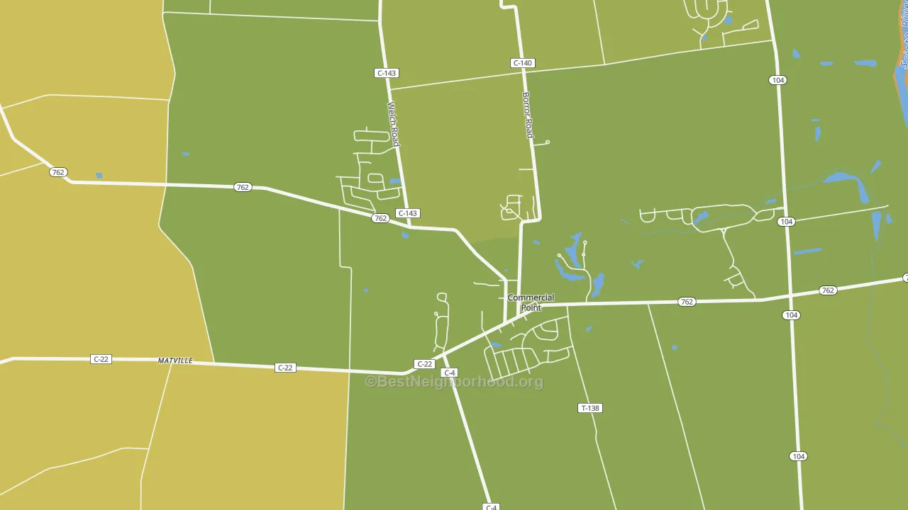 Map of the best neighborhoods in the 43116 area, with better matches in green and worse matches in red