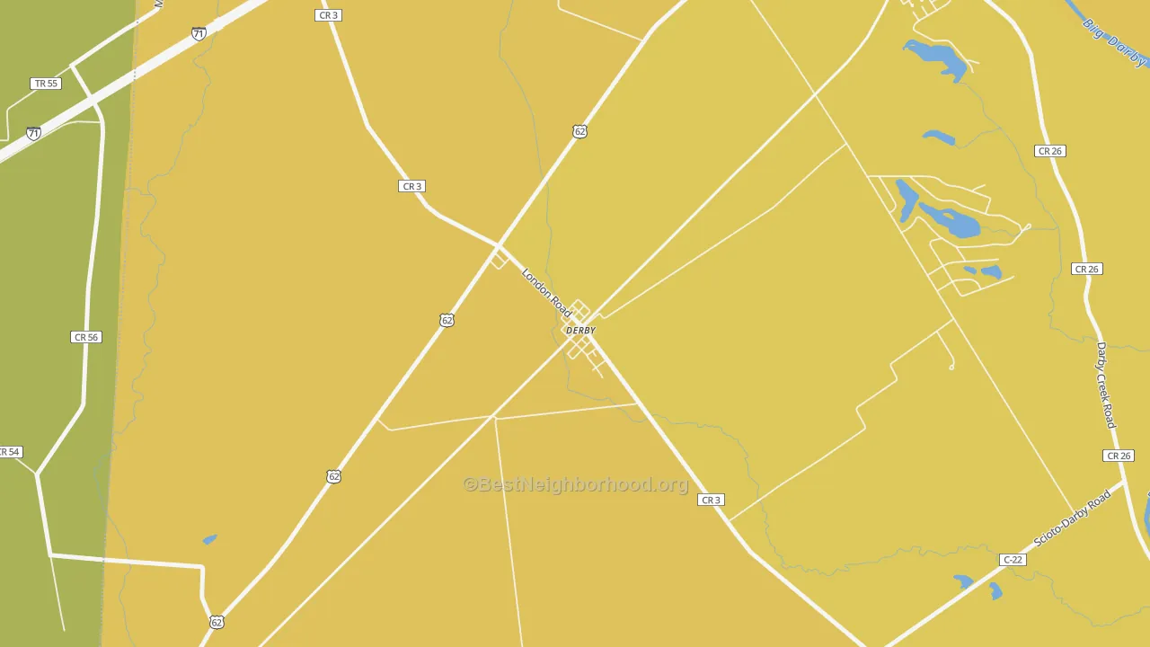 Map of the best neighborhoods in the 43117 area, with better matches in green and worse matches in red