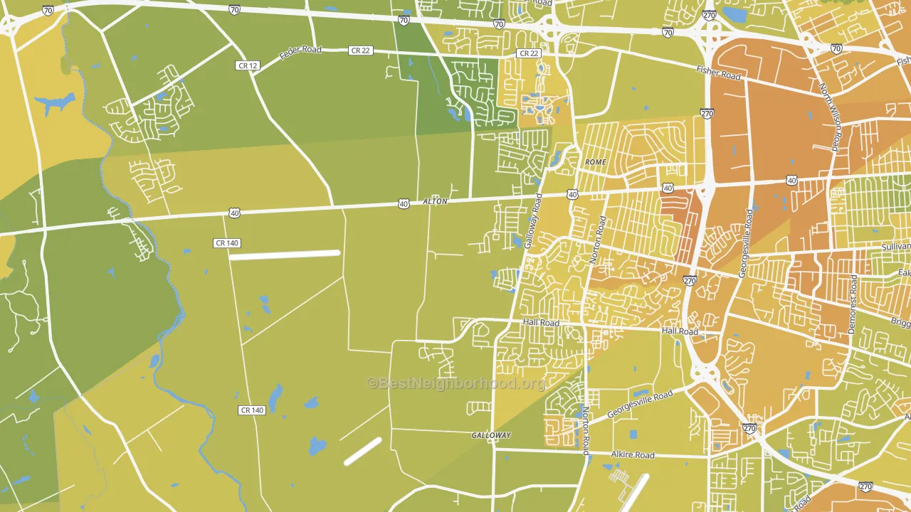 Map of the best neighborhoods in the 43119 area, with better matches in green and worse matches in red