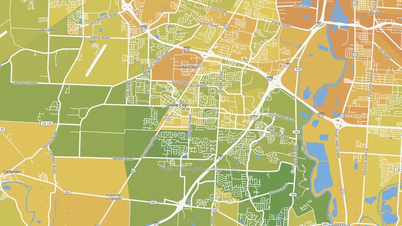 Map of the best neighborhoods in the 43123 area, with better matches in green and worse matches in red