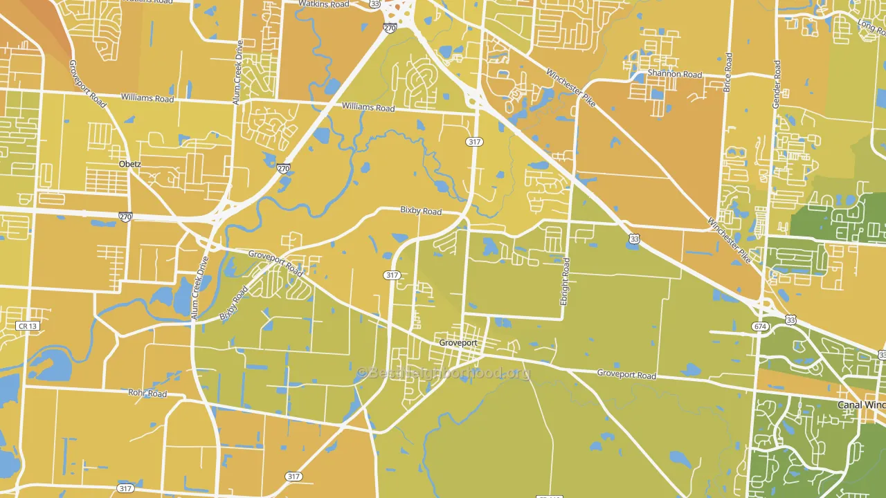 Map of the best neighborhoods in the 43125 area, with better matches in green and worse matches in red