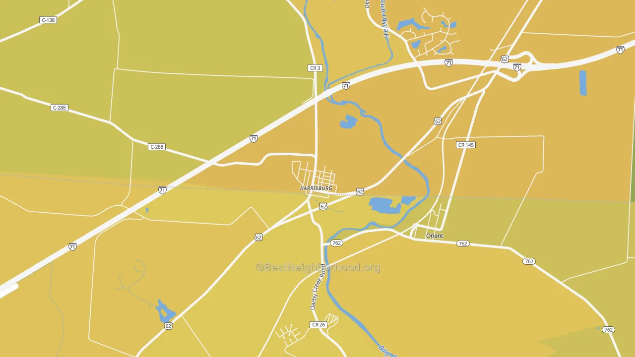 Map of the best neighborhoods in the 43126 area, with better matches in green and worse matches in red