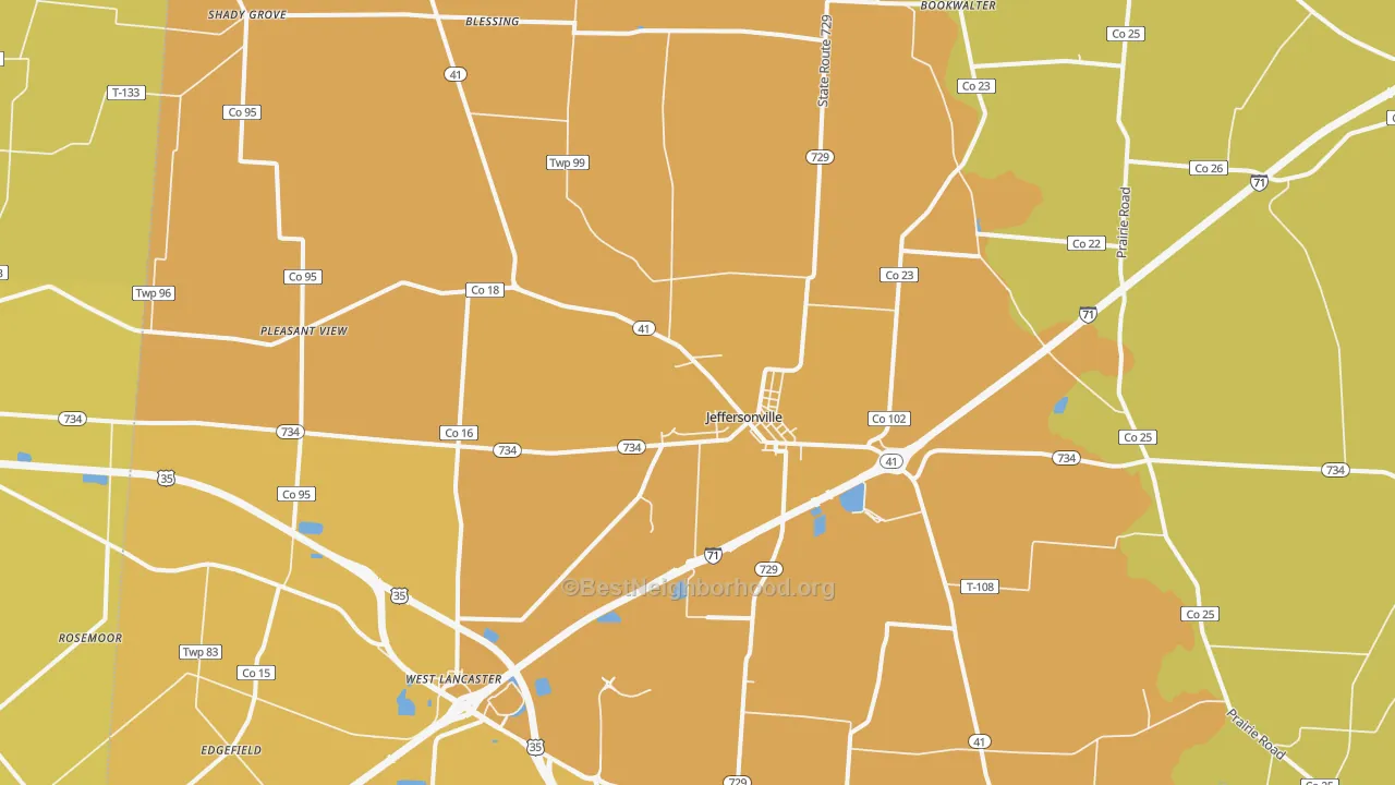 Map of the best neighborhoods in the 43128 area, with better matches in green and worse matches in red