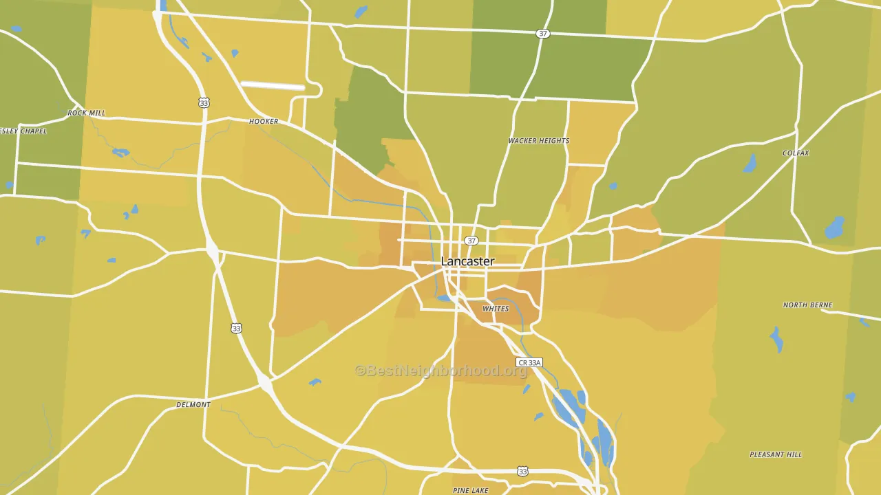 Map of the best neighborhoods in the 43130 area, with better matches in green and worse matches in red