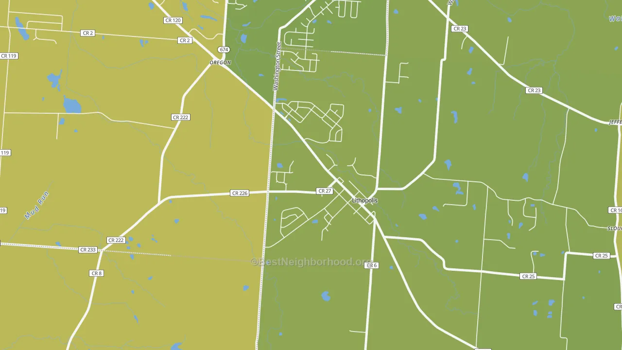Map of the best neighborhoods in the 43136 area, with better matches in green and worse matches in red