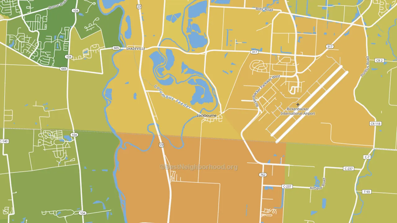 Map of the best neighborhoods in the 43137 area, with better matches in green and worse matches in red