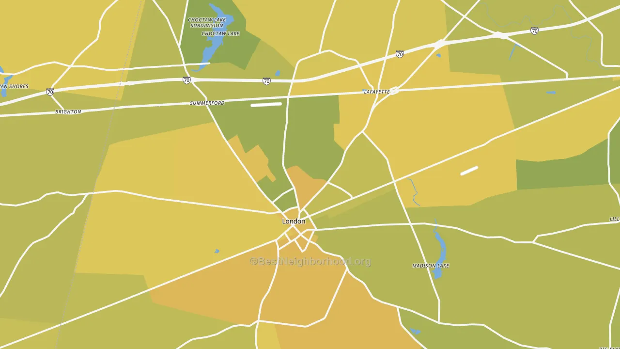 Map of the best neighborhoods in the 43140 area, with better matches in green and worse matches in red