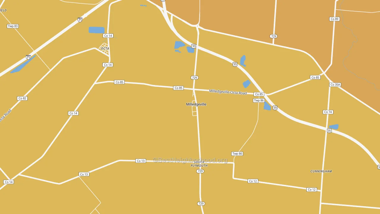 Map of the best neighborhoods in the 43142 area, with better matches in green and worse matches in red