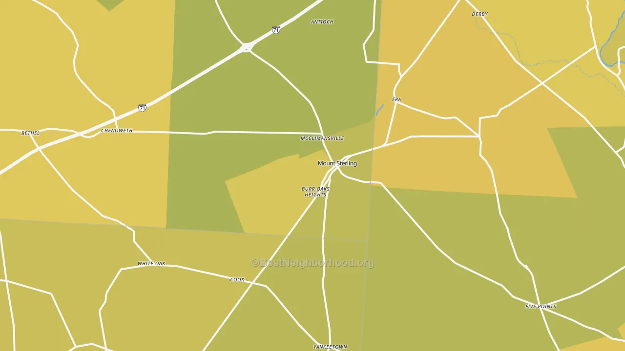 Map of the best neighborhoods in the 43143 area, with better matches in green and worse matches in red