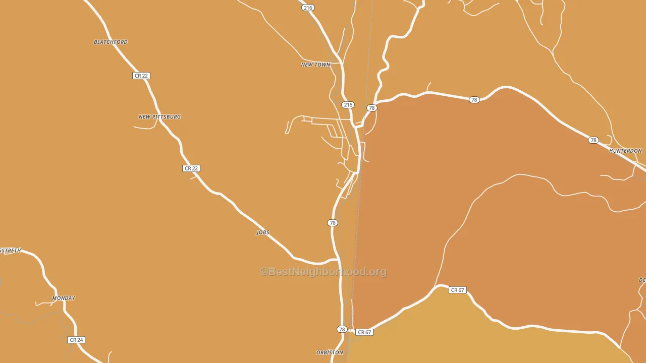 Map of the best neighborhoods in the 43144 area, with better matches in green and worse matches in red