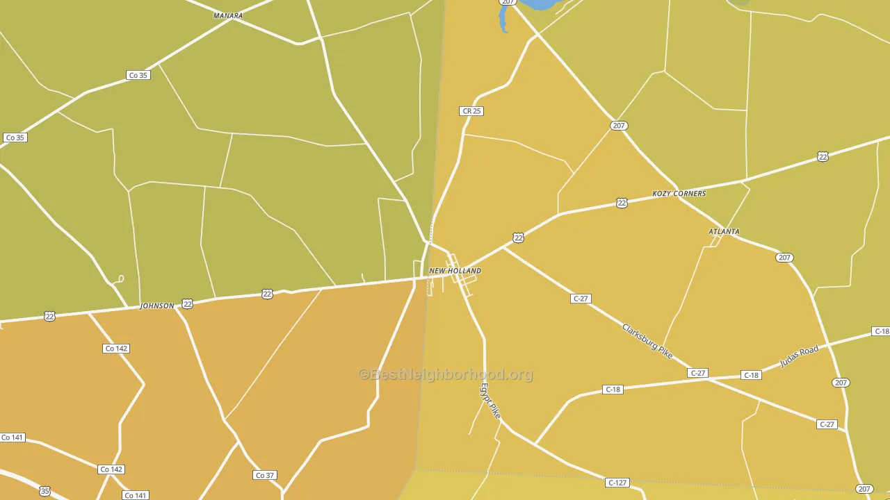 Map of the best neighborhoods in the 43145 area, with better matches in green and worse matches in red