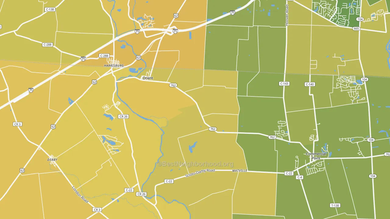 Map of the best neighborhoods in the 43146 area, with better matches in green and worse matches in red