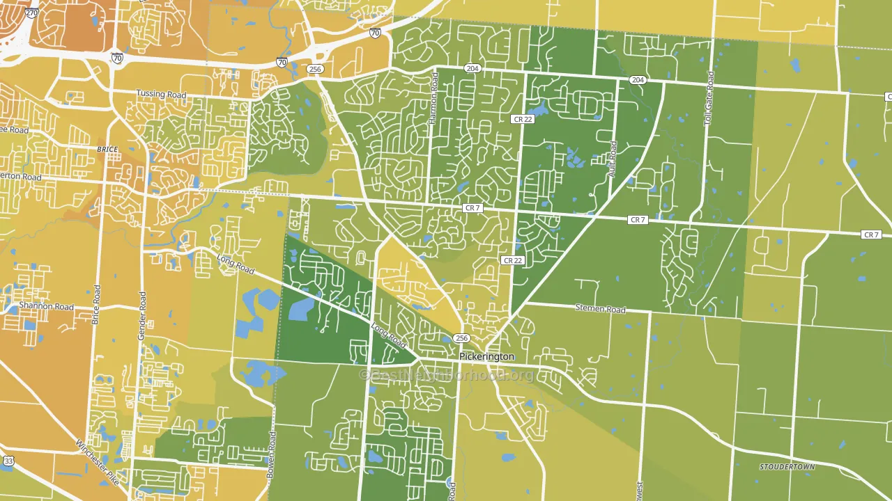 Map of the best neighborhoods in the 43147 area, with better matches in green and worse matches in red