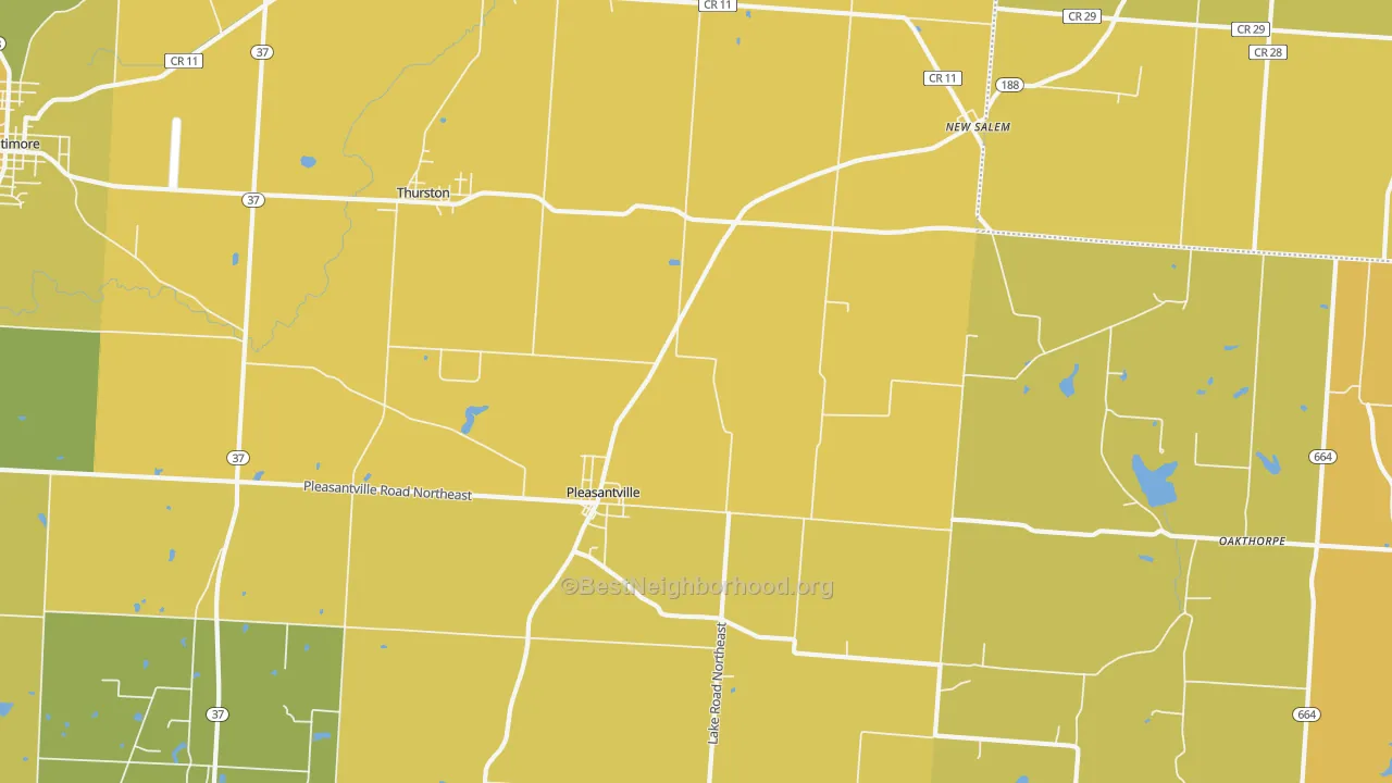Map of the best neighborhoods in the 43148 area, with better matches in green and worse matches in red