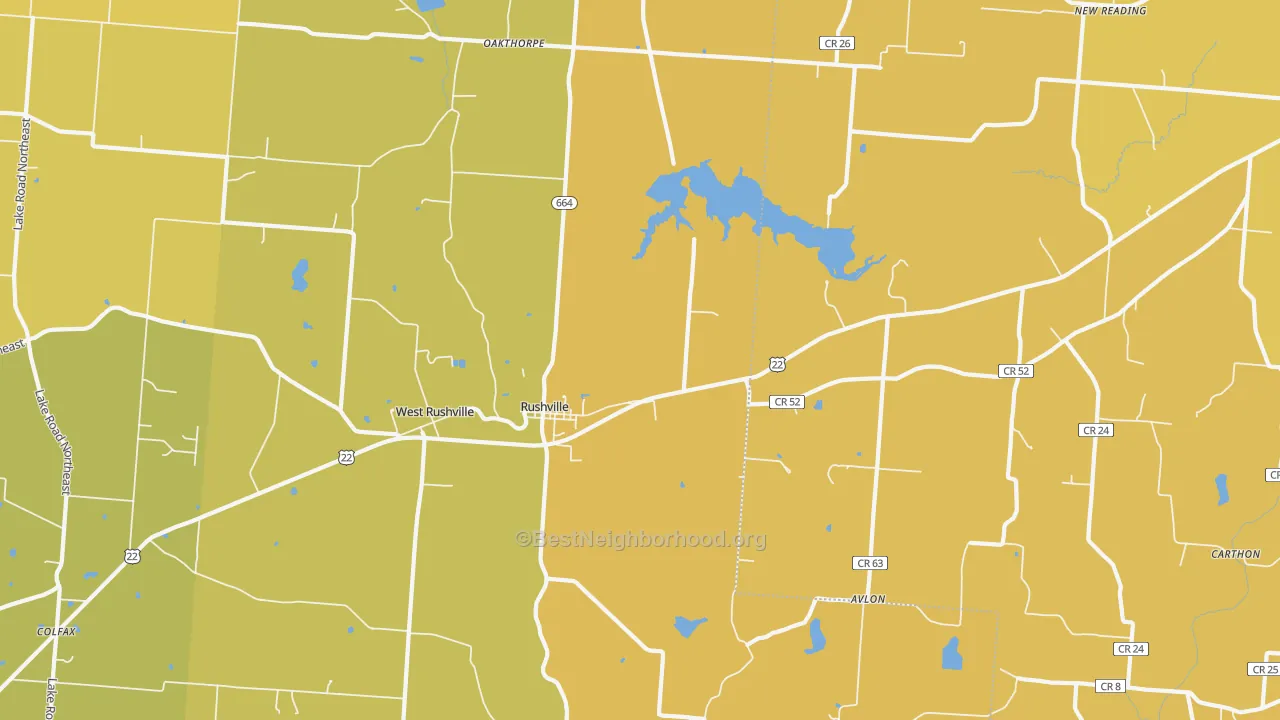 Map of the best neighborhoods in the 43150 area, with better matches in green and worse matches in red