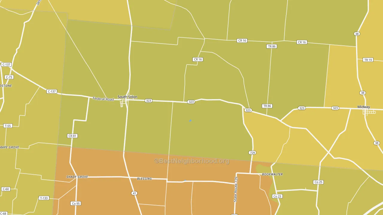 Map of the best neighborhoods in the 43153 area, with better matches in green and worse matches in red