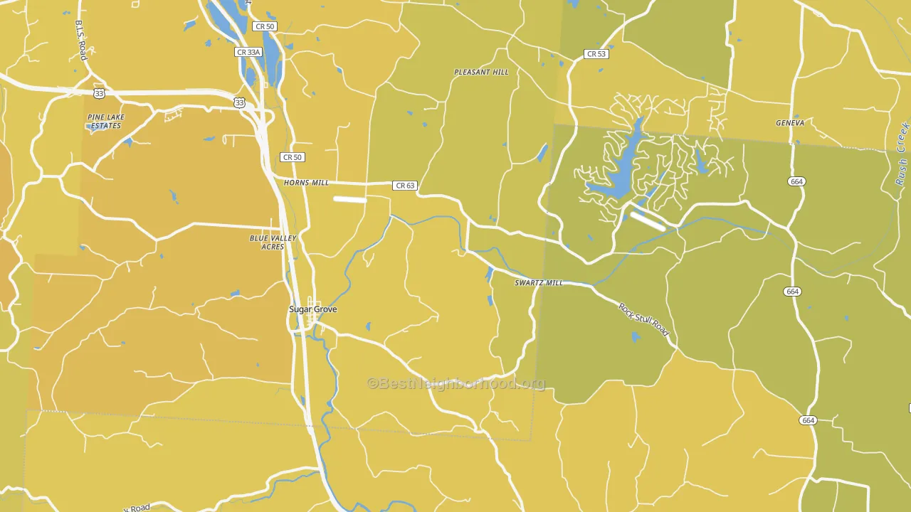 Map of the best neighborhoods in the 43155 area, with better matches in green and worse matches in red