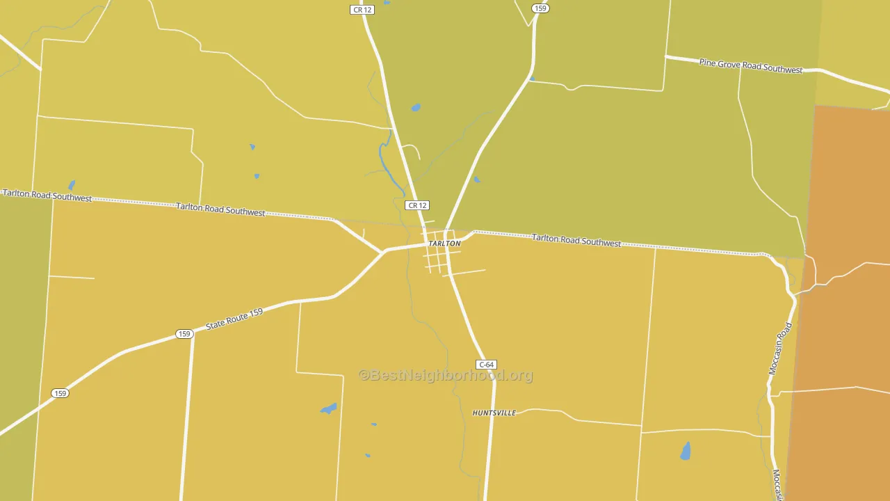 Map of the best neighborhoods in the 43156 area, with better matches in green and worse matches in red