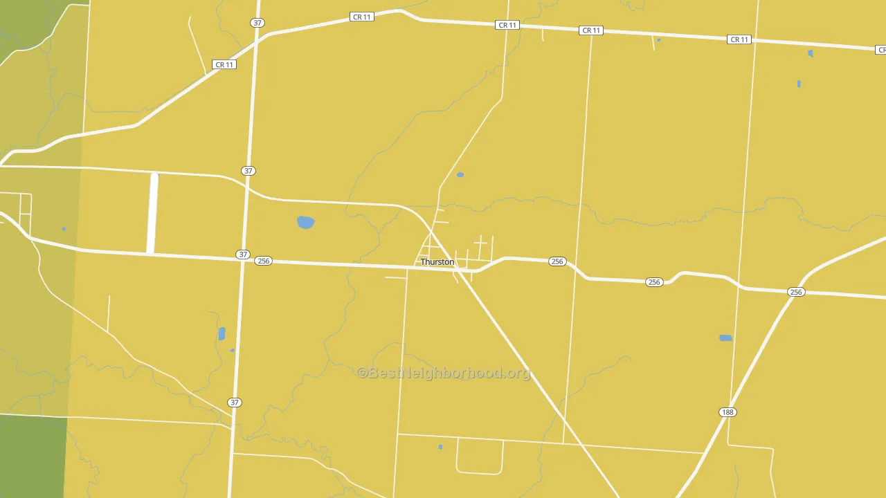 Map of the best neighborhoods in the 43157 area, with better matches in green and worse matches in red
