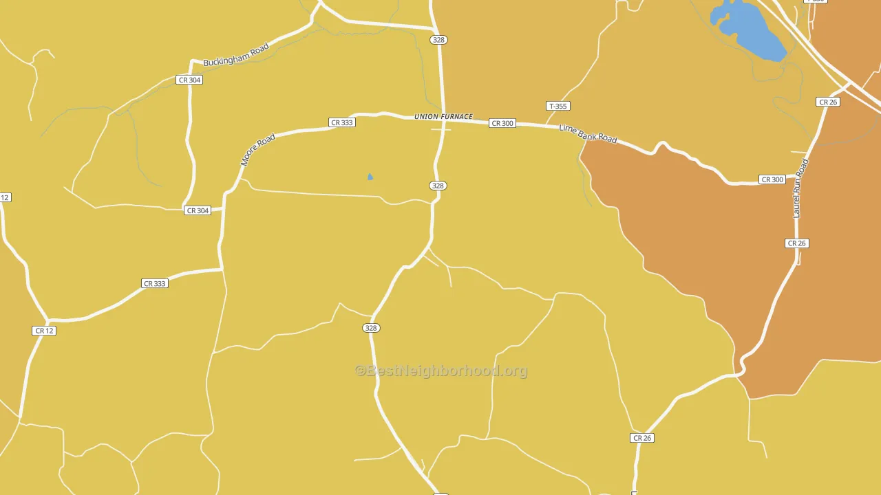 Map of the best neighborhoods in the 43158 area, with better matches in green and worse matches in red