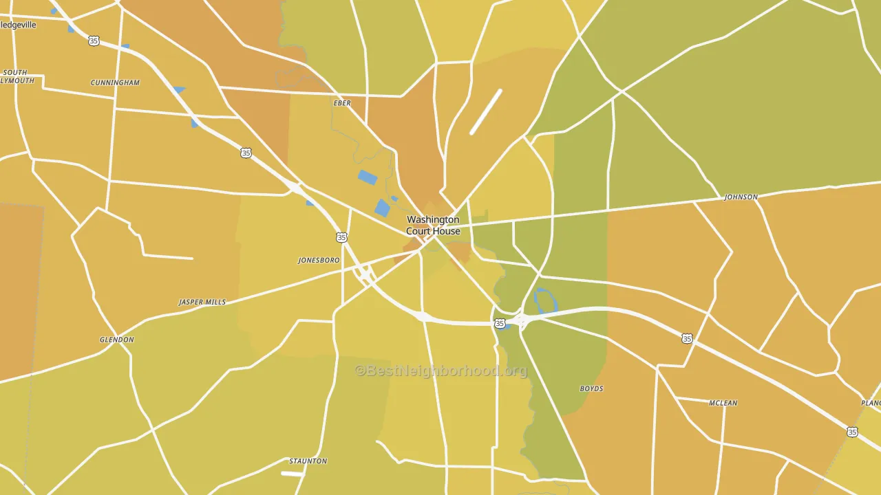 Map of the best neighborhoods in the 43160 area, with better matches in green and worse matches in red