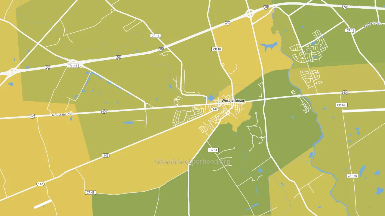 Map of the best neighborhoods in the 43162 area, with better matches in green and worse matches in red