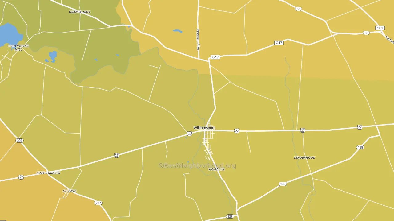 Map of the best neighborhoods in the 43164 area, with better matches in green and worse matches in red