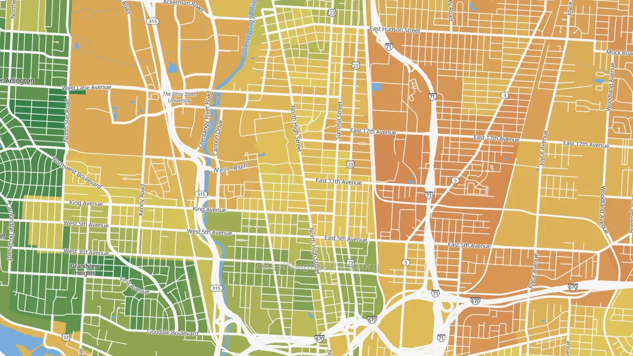Map of the best neighborhoods in the 43201 area, with better matches in green and worse matches in red
