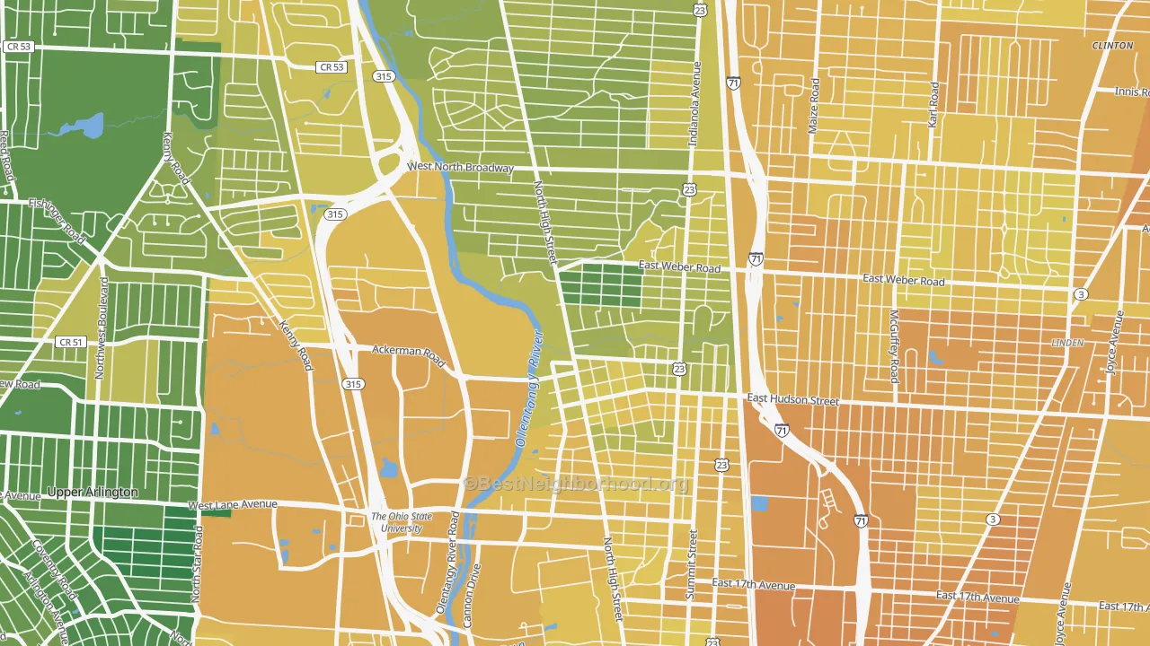 Map of the best neighborhoods in the 43202 area, with better matches in green and worse matches in red