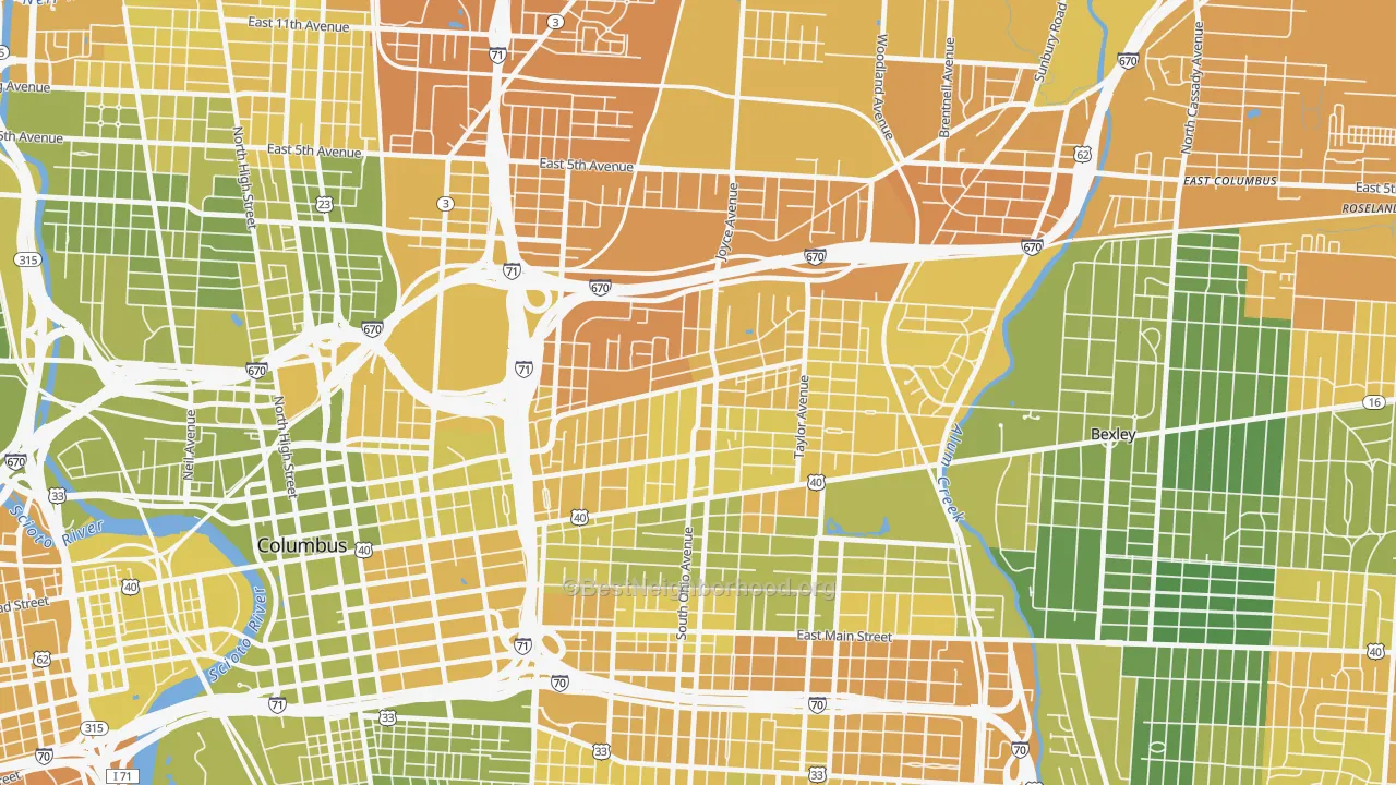 Map of the best neighborhoods in the 43203 area, with better matches in green and worse matches in red