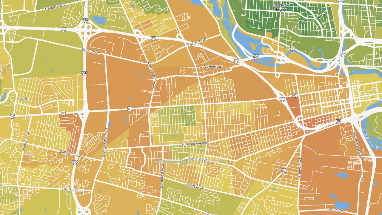 Map of the best neighborhoods in the 43204 area, with better matches in green and worse matches in red