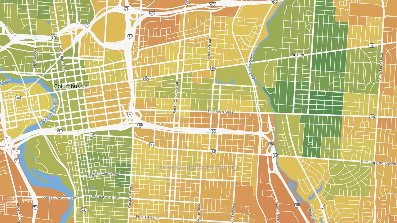 Map of the best neighborhoods in the 43205 area, with better matches in green and worse matches in red