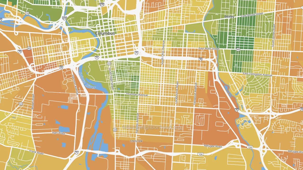Map of the best neighborhoods in the 43206 area, with better matches in green and worse matches in red
