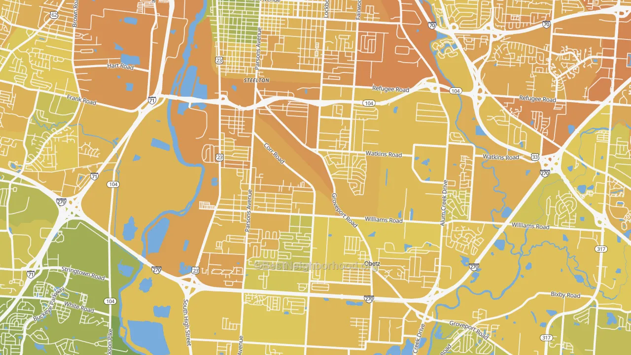 Map of the best neighborhoods in the 43207 area, with better matches in green and worse matches in red