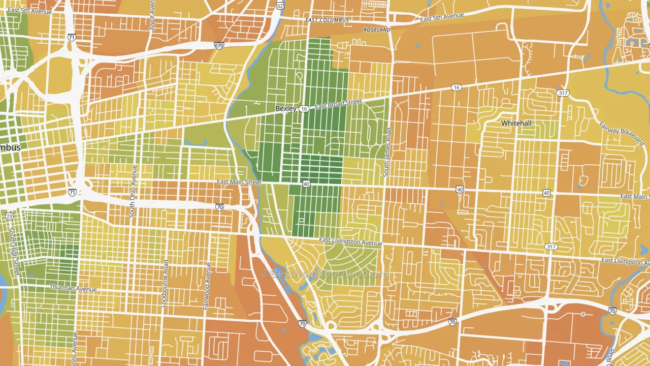 Map of the best neighborhoods in the 43209 area, with better matches in green and worse matches in red