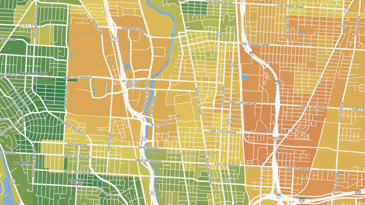 Map of the best neighborhoods in the 43210 area, with better matches in green and worse matches in red