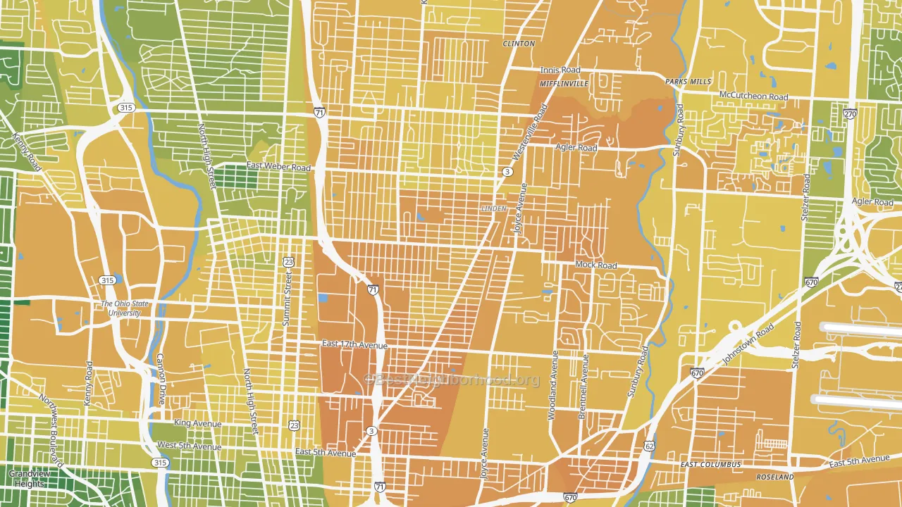 Map of the best neighborhoods in the 43211 area, with better matches in green and worse matches in red